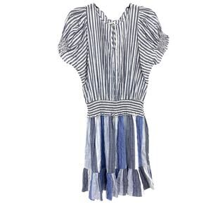 Warm NY Smocked Striped Blue White Short Knee Dress Puff Sleeve Size 3 10 12
